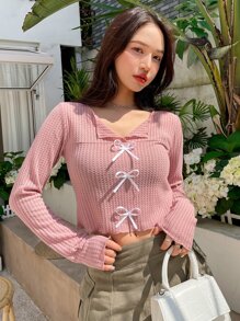 DAZY Nơ mặt trước Dệt kim Waffle Áo thun - Hồng - Xem 4