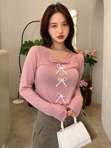 DAZY Nơ mặt trước Dệt kim Waffle Áo thun - Hồng - Xem 5