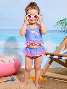Baby Girl Cartoon Fish & Plaid & Polka Dot Ruffle Hem One Piece Swimsuit - Royal Blue - View 1