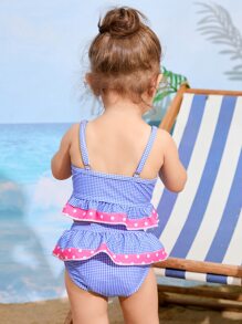 Baby Girl Cartoon Fish & Plaid & Polka Dot Ruffle Hem One Piece Swimsuit - Royal Blue - View 2