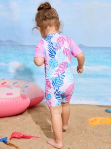 SHEIN 嬰兒女孩熱帶印花拉鍊前開式連身泳衣 - 彩色 - 查看 2