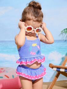 Baby Girl Cartoon Fish & Plaid & Polka Dot Ruffle Hem One Piece Swimsuit - Royal Blue - View 4