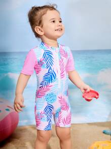SHEIN 嬰兒女孩熱帶印花拉鍊前開式連身泳衣 - 彩色 - 查看 4