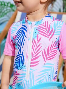 SHEIN 嬰兒女孩熱帶印花拉鍊前開式連身泳衣 - 彩色 - 查看 5