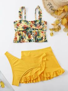 3 paquetes Bikini con estampado tropical y volantes y falda de playa de verano - Multicolor - Ver 1