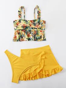 3 paquetes Bikini con estampado tropical y volantes y falda de playa de verano - Multicolor - Ver 4