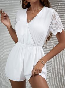 SHEIN Floral Embroidery Mesh Panel Wrap Romper - White - View 1
