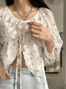 DAZY Áo sơ mi có tay loe in hoa phía trước - Màu be - Xem 4