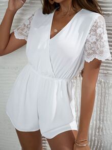 SHEIN Floral Embroidery Mesh Panel Wrap Romper - White - View 3