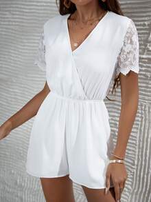 SHEIN Floral Embroidery Mesh Panel Wrap Romper - White - View 4