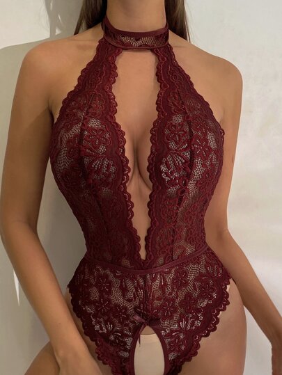 Seduluxe Bow Kanten Halter Teddy Bodysuit out Panty, Lingerie Tie view 3