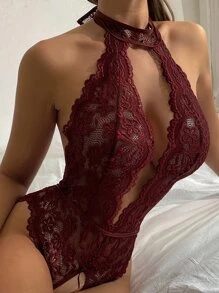 SHEIN Bow Detail Lace Halter Teddy Bodysuit Without Panty, Lingerie Bow Tie