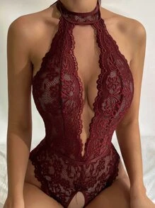 SHEIN Bow Detail Lace Halter Teddy Bodysuit Without Panty, Lingerie Bow Tie