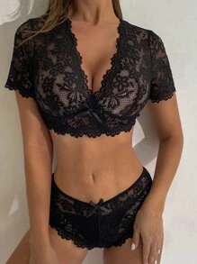 SHEIN 花卉蕾丝胸罩和内裤性感内衣套装 - 黑色 - 查看 5