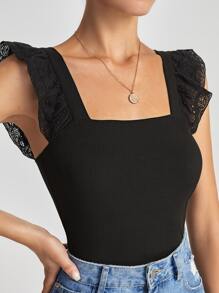 SHEIN Frenchy Square Neck Eyelet Embroidery Tank Top Summer Black - Black - View 1