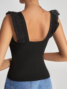 SHEIN Frenchy Square Neck Eyelet Embroidery Tank Top Summer Black - Black - View 2