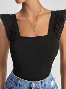SHEIN Frenchy Square Neck Eyelet Embroidery Tank Top Summer Black - Black - View 4