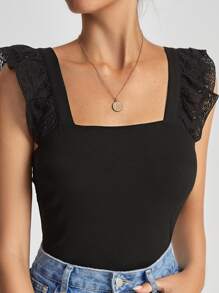 SHEIN Frenchy Square Neck Eyelet Embroidery Tank Top Summer Black - Black - View 5