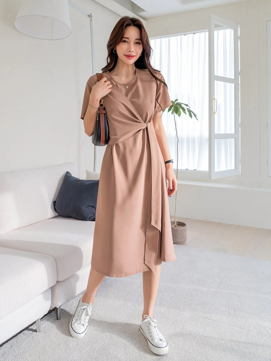 DAZY Solid Tie Side Dress - Apricot - View 1