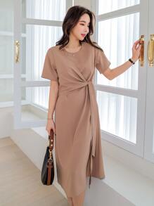 DAZY Solid Tie Side Dress - Apricot - View 4