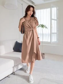 DAZY Solid Tie Side Dress - Apricot - View 5