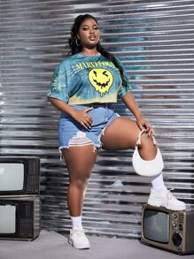 SHEIN Coolane 大碼字母和卡通臉圖案紮染落肩T恤 - 彩色 - 查看 1