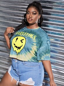 SHEIN Coolane 大碼字母和卡通臉圖案紮染落肩T恤 - 彩色 - 查看 5