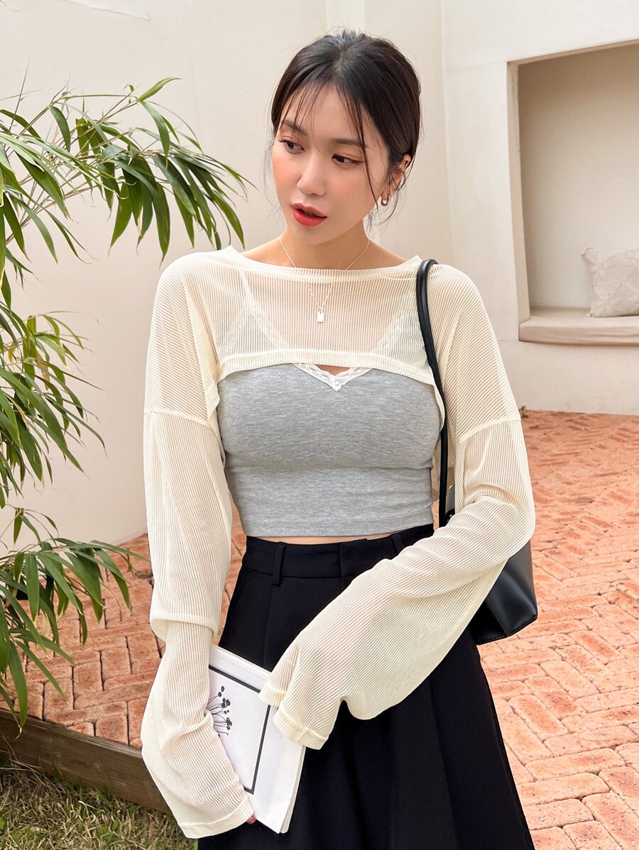 DAZY 1 Miếng Thả vai Siêu Crop Top - Màu be - Xem 1