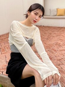 DAZY 1 Miếng Thả vai Siêu Crop Top - Màu be - Xem 3