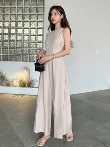 DAZY Business Casual Solid Color Sleeveless Backless Wide Leg Jumpsuit Women Jumpsuits - Apricot - View 3