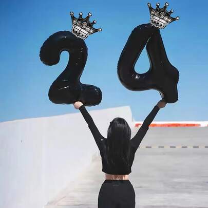 2pcs 32-Inch Black Digital Crown Balloon, Aluminum Foil Polyester Film Number Balloon, Ideal For Happy Birthday Decor, Party Decor, Anniversary Party, Room Decor, Outdoor & Scene Decor, Birthday Party Decorations, Christmas