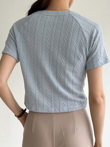 DAZY Solid Raglan Sleeve Textured Tee - Dusty Blue - View 2