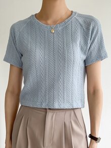 DAZY Solid Raglan Sleeve Textured Tee - Dusty Blue - View 3