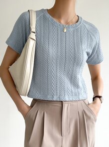 DAZY Solid Raglan Sleeve Textured Tee - Dusty Blue - View 4