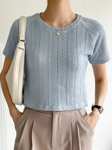 DAZY Solid Raglan Sleeve Textured Tee - Dusty Blue - View 5