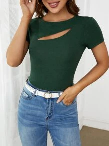 SHEIN Privé 前鏤空條紋針織T恤 - 墨綠色 - 查看 1