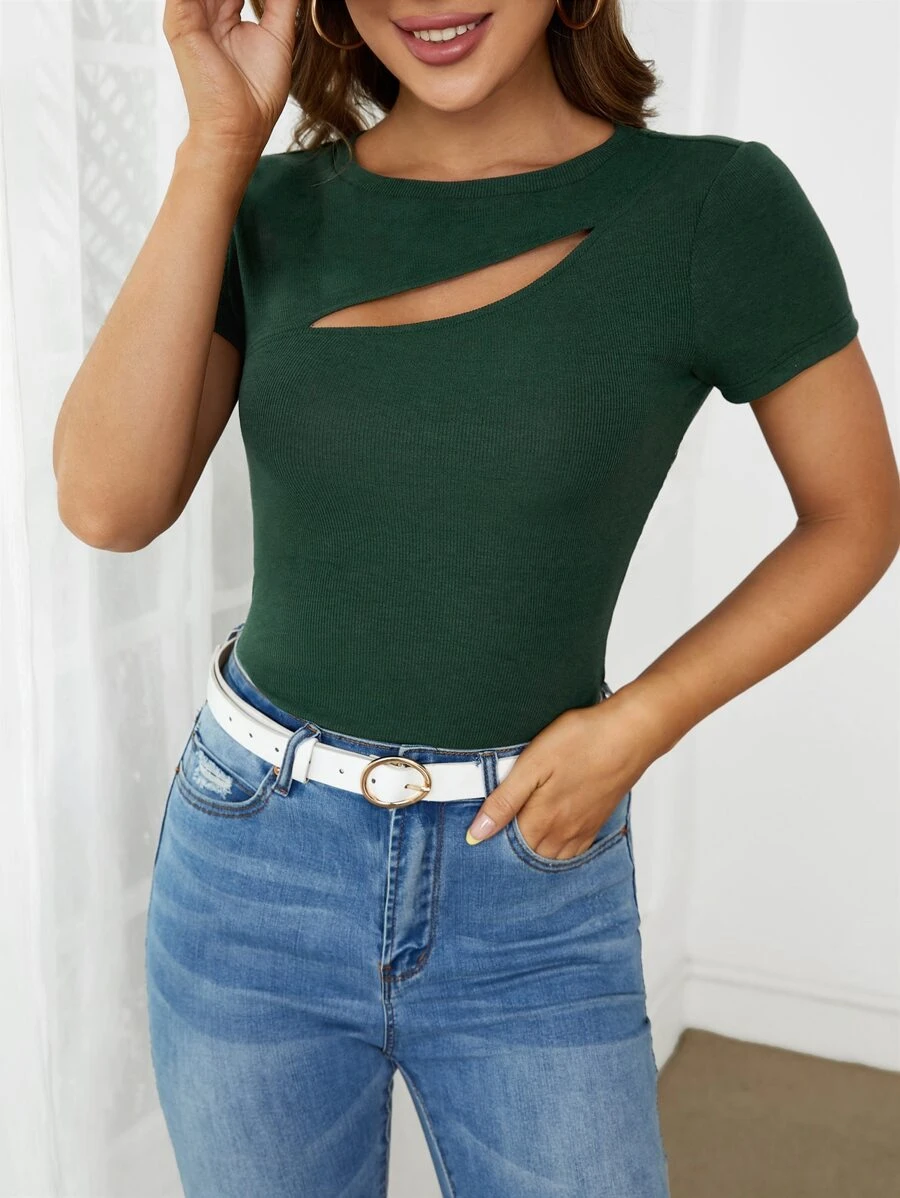 SHEIN Privé 前鏤空條紋針織T恤 - 墨綠色 - 查看 1