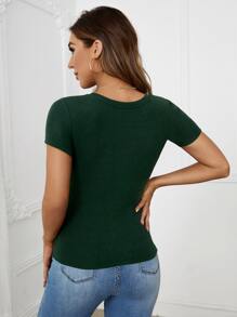 SHEIN Privé 前鏤空條紋針織T恤 - 墨綠色 - 查看 2