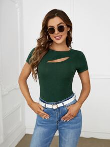 SHEIN Privé 前鏤空條紋針織T恤 - 墨綠色 - 查看 3