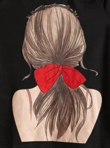 SHEIN Tween Girl Figure Graphic Contrast Letter Tape Asymmetrical Shoulder Tee - Black - View 3