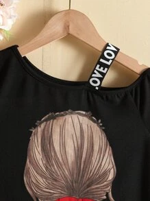 SHEIN Tween Girl Figure Graphic Contrast Letter Tape Asymmetrical Shoulder Tee - Black - View 4