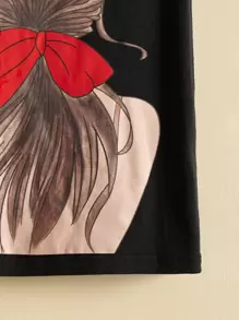 SHEIN Tween Girl Figure Graphic Contrast Letter Tape Asymmetrical Shoulder Tee - Black - View 5