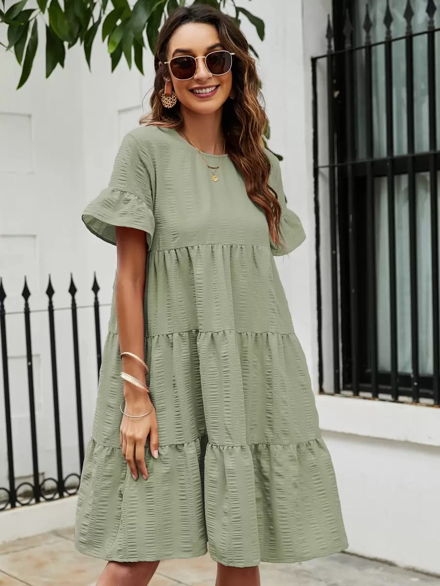 SHEIN LUNE 小碎花荷葉邊袖娃娃裙 - 綠色 - 查看 1