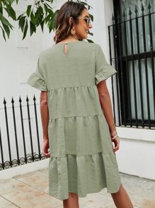 SHEIN LUNE 小碎花荷葉邊袖娃娃裙 - 綠色 - 查看 2