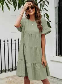 SHEIN LUNE 小碎花荷葉邊袖娃娃裙 - 綠色 - 查看 3