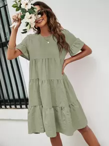 SHEIN LUNE 小碎花荷葉邊袖娃娃裙 - 綠色 - 查看 5