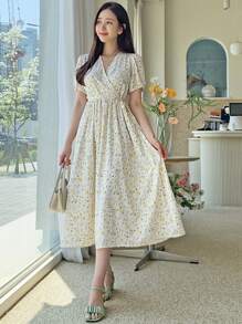 DAZY Ditsy Floral Print Puff Sleeve Knot Side Dress - Beige - View 1