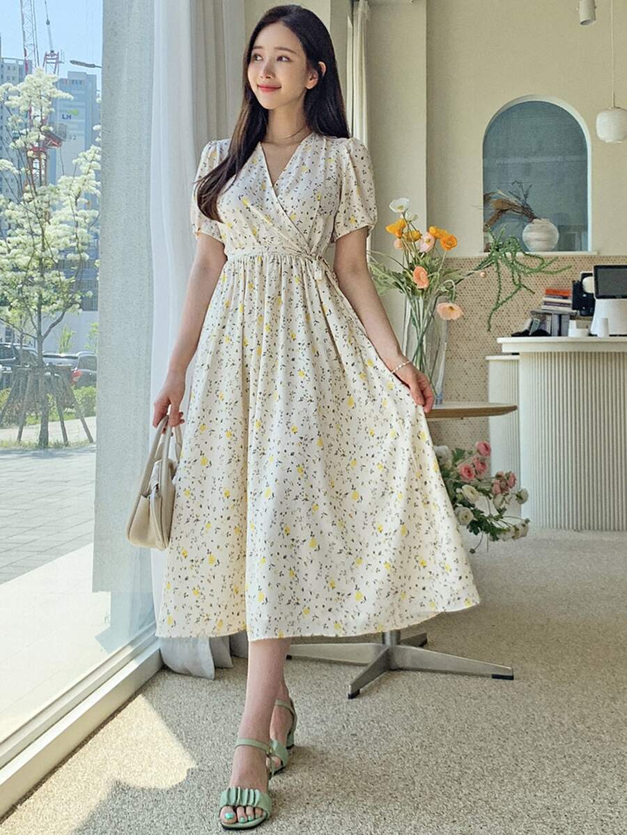 DAZY Ditsy Floral Print Puff Sleeve Knot Side Dress - Beige - View 1