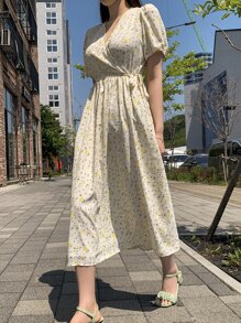 DAZY Ditsy Floral Print Puff Sleeve Knot Side Dress - Beige - View 4