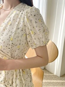 DAZY Ditsy Floral Print Puff Sleeve Knot Side Dress - Beige - View 5